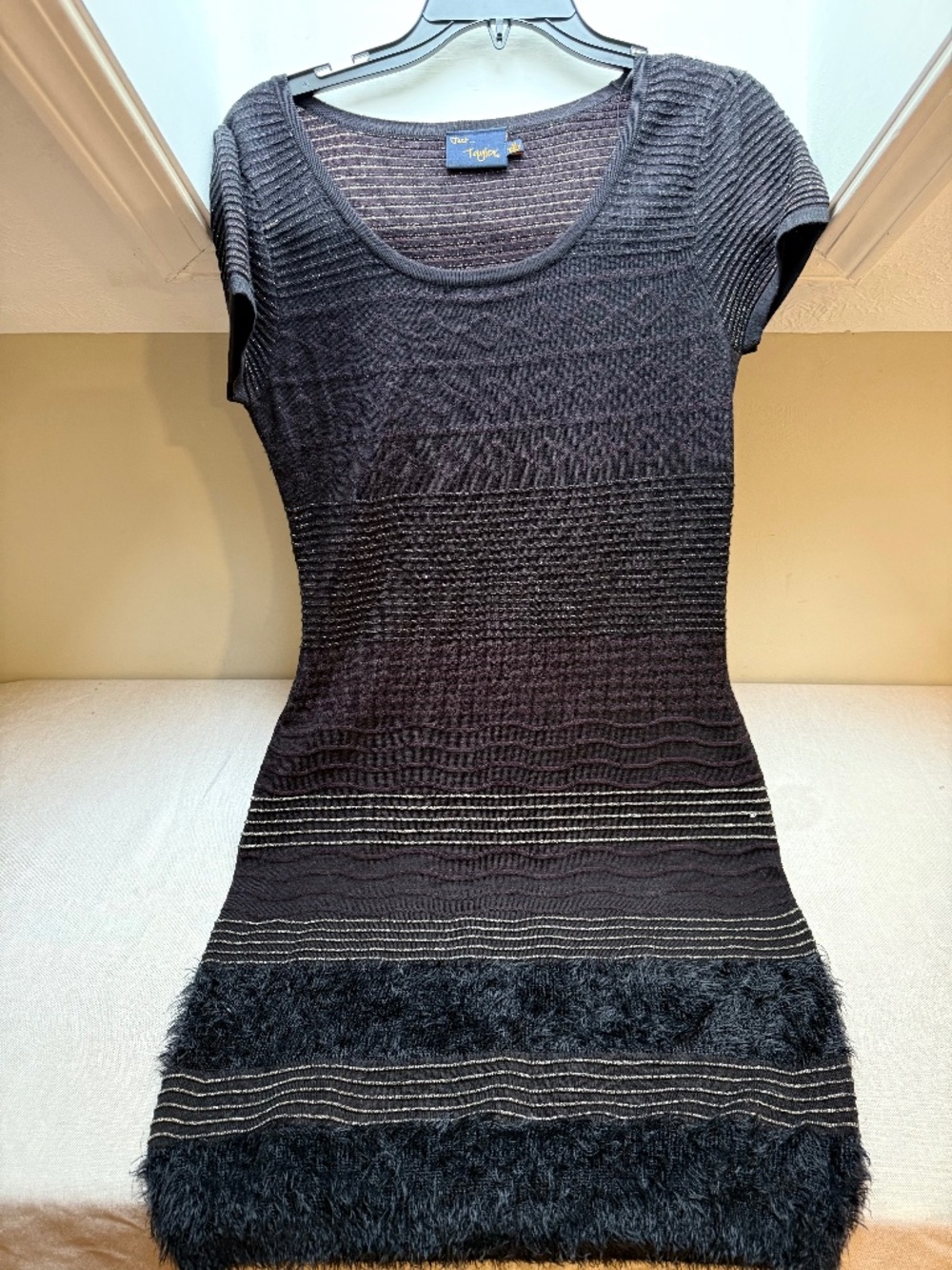 Just Taylor Black Stretch Knit Dress With Fuzzy Details Size Medium